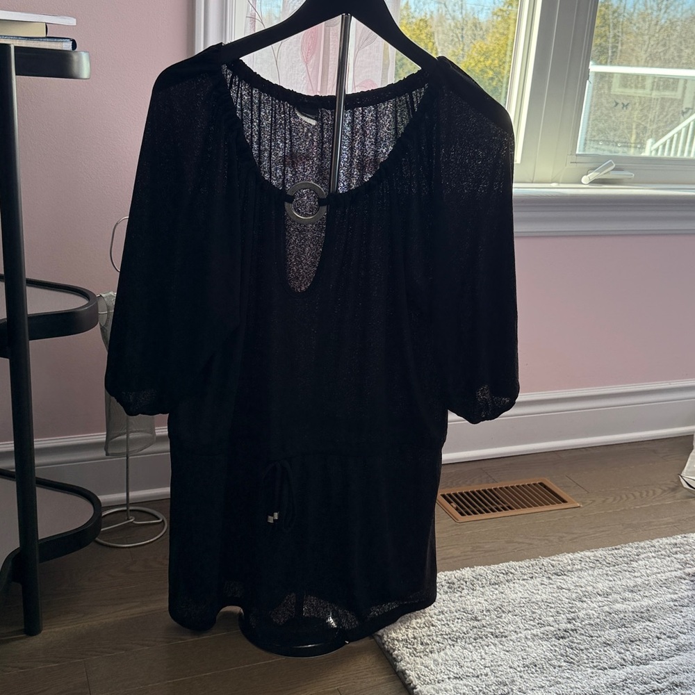 Black Sheer Drawstring Coverup with Decorative Ring